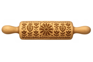 Wooden rolling pin with folk art floral pattern for baking and preparing embossed cookies, isolated on transparent background