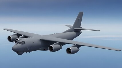 Obraz premium Large Grey Military Cargo Transport Aircraft Flying in Blue Sky 3D Render