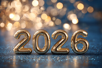 Polished golden numbers forming "2026" gleam against a festive backdrop of sparkling bokeh and warm-blue lighting. 