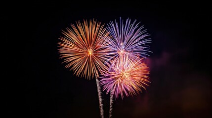 Vibrant fireworks burst in the night sky, creating a dazzling display of colors perfect for celebrating events like New Year's Eve, Independence Day, or festivals, Great for use in festive designs,