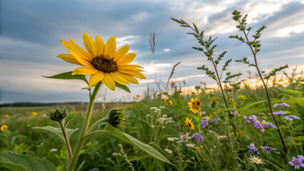 Flower of decorative sunflower in the field. Nature background. Environmental preservation and planet care. Earth Day
