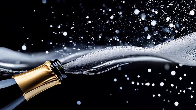 Sparkling champagne cork popping with flying bubbles and liquid splash on black background