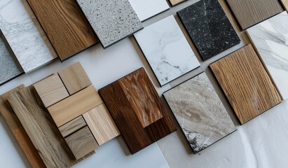 Material mood board for flooring featuring white marble tile with black grout and wood planks in various tones, isolated on a clean background.