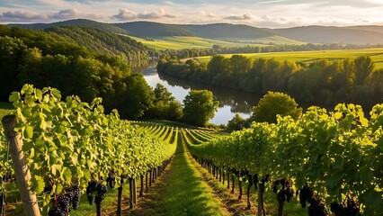 Naklejka premium Breathtaking view of organized grapevine rows leading to a waterway in a lush rural valley setting.