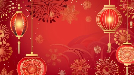 Red background with golden fireworks, lanterns, and Chinese-inspired patterns. Elegant, festive illustration in simple flat design, suitable for avatar or social media profile.