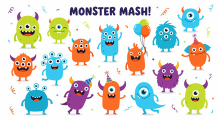Obraz premium Monster characters with horns wings and big eyes. Vector flat illustration of cute monsters isolated on white background. Cartoon cute monsters with scary emotions.