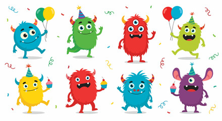 Naklejka premium Monster characters with horns wings and big eyes. Vector flat illustration of cute monsters isolated on white background. Cartoon cute monsters with scary emotions.