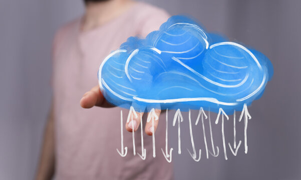 Hand holding a cloud with arrows, symbolizing data transfer and cloud storage. Ideal for technology, business, and digital concepts.