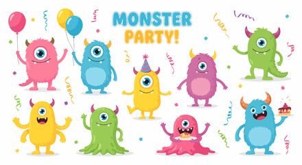 Fototapeta premium Hand drawn Monsters. Cheerful face emotions. Colorful big Vector set. Trendy illustration for kids. All elements are isolated on black background