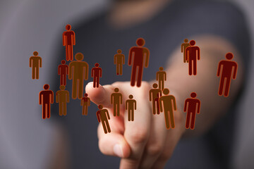 Abstract concept of online connection, social network, community, people, communication and digital teamwork with human touch gesture