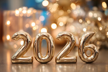 Polished golden numbers forming "2026" gleam against a festive backdrop of sparkling bokeh and warm-blue lighting. 