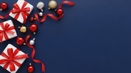 Festive christmas background with gifts ornaments and red ribbon on blue space silhouette