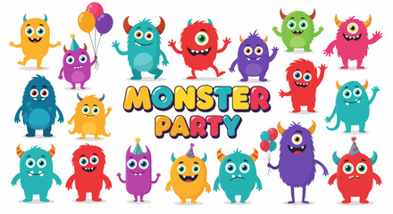 Obraz premium Big set of cartoon monsters on white background. Cute monsters. Kids funny character design for posters, cards., magazins. Vector illustration 
