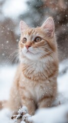 Obraz premium Orange cat enjoys snowfall in a winter wonderland setting