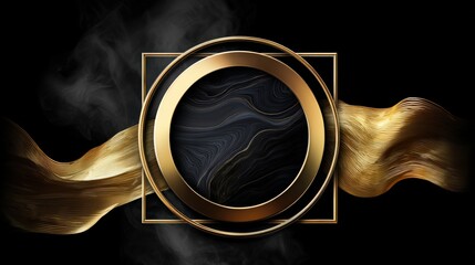 A luxurious design featuring a circular gold frame with flowing golden ribbons on a dark background, Ideal for upscale branding, elegant invitations, or sophisticated marketing materials,