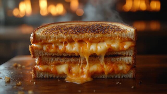 Melting cheese sandwich with smoky background glow