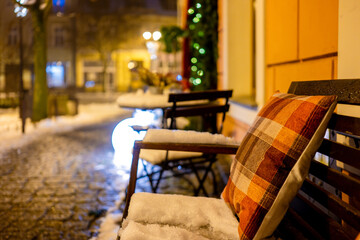 Snow-Covered Bench At Street Caf