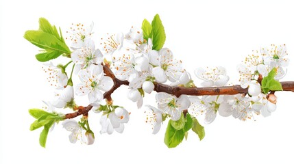 Delicate white blossoms on a branch evoke springtime freshness and beauty, Ideal for use in nature-themed projects, invitations, or wellness content,