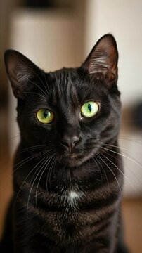 A stunning close-up portrait of a sleek black cat with piercing emerald green eyes and prominent white whiskers, gazing directly into the camera. The feline's expression subtly shifts, moving from an 