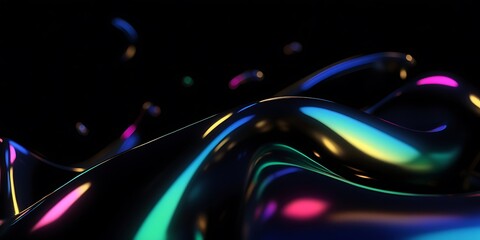 Black dark abstract background. Iridescent fluid glass wave. Smooth curve transition. Rainbow light flare. Bright glow shimmer. Neon metallic futuristic blur texture Holographic liquid shape 3D render