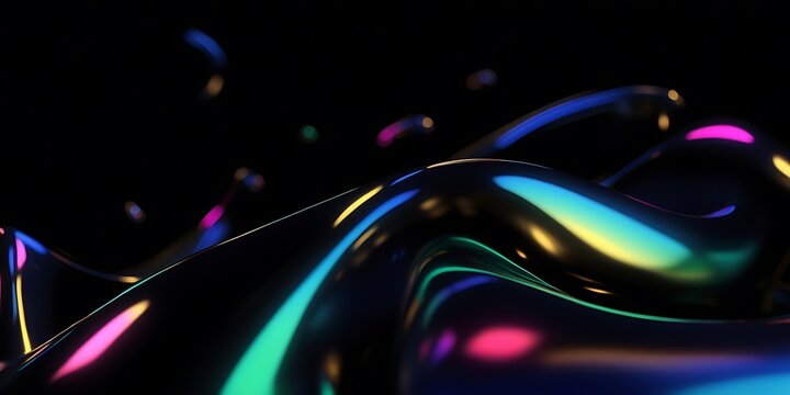 Black dark abstract background. Iridescent fluid glass wave. Smooth curve transition. Rainbow light flare. Bright glow shimmer. Neon metallic futuristic blur texture Holographic liquid shape 3D render
