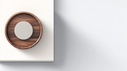 A minimalistic image features a wooden bowl with a white center, set against a light background, Ideal for product showcases, modern design themes, or home decor inspirations,