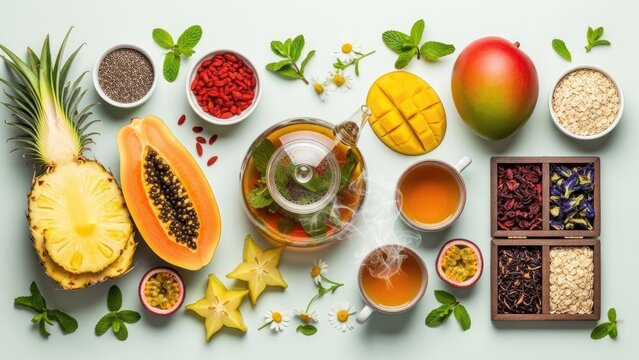 Colorful Tropical Fruits and Herbal Tea Arrangement.