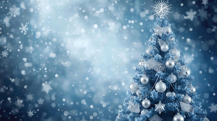 Festive Christmas Tree : A beautifully adorned Christmas tree, laden with ornaments, sparkles against a backdrop of falling snow, capturing the magic of the holiday season.