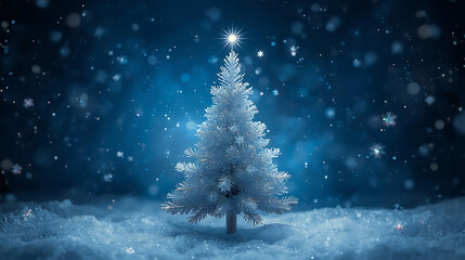 Winter Solstice: A single Christmas tree stands in a winter landscape, the night sky as a backdrop, its evergreen silhouette outlined against the deep blue, the scene made magical with falling snow.