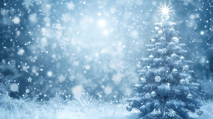 Winter Wonderland: A solitary Christmas tree stands adorned with sparkling ornaments in a dreamy, snow-covered landscape. Flakes gently cascade.