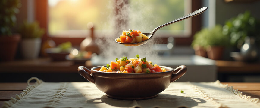 Delicious vegetable stew being served from a wooden bowl in kitchen