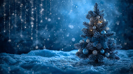 Winter Wonderland: A solitary decorated Christmas tree stands amidst a pristine, snowy landscape, creating a magical and serene winter atmosphere. 