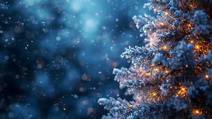 Winter's Festive Embrace: A snow-covered evergreen is illuminated by twinkling lights, capturing the serene beauty and enchanting atmosphere of the winter season. 