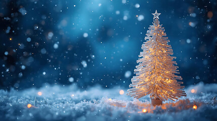 Festive Enchantment: A Christmas tree radiates warmth amidst a serene winter wonderland. This image evokes feelings of festive cheer, creating a magical atmosphere