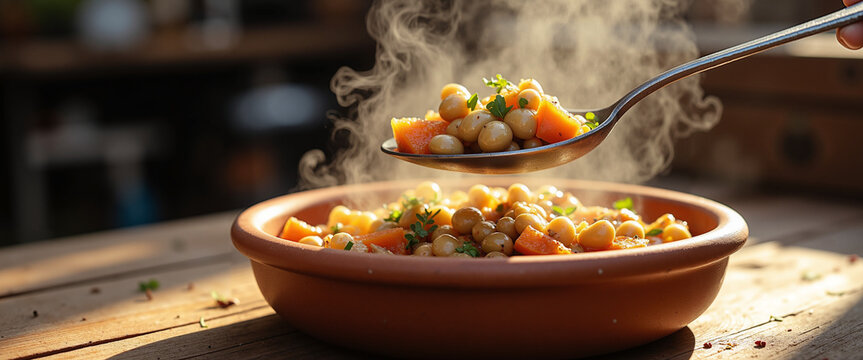 Steaming chickpea and vegetable stew served in clay dish  