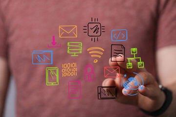 Person interacting with digital icons: network, data, cloud, email, security.  Modern technology concept.