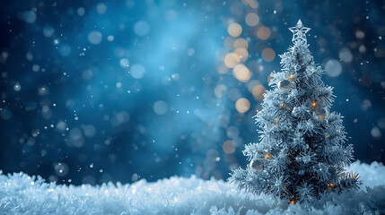 Winter Wonderland: Christmas tree adorned with shimmering ornaments, set against a backdrop of soft falling snow and twinkling lights, creating a serene and festive ambiance.