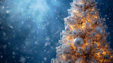 Sparkling Season's Greetings: A festive Christmas tree, adorned with delicate ornaments and twinkling lights, stands against a magical backdrop of softly falling snowflakes.