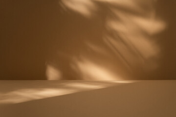 Empty table on beige background with natural shadows and light on wall. Mock up for branding products, presentation, food and health care.	