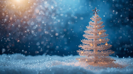 Christmas Tree in Snowy Wonderland: An illuminated Christmas tree stands resplendent amidst a gentle snowfall, casting a warm glow in a serene.