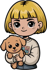 Hip young girl character with short blonde hair and freckles hugging a small brown dog, flat vector art style