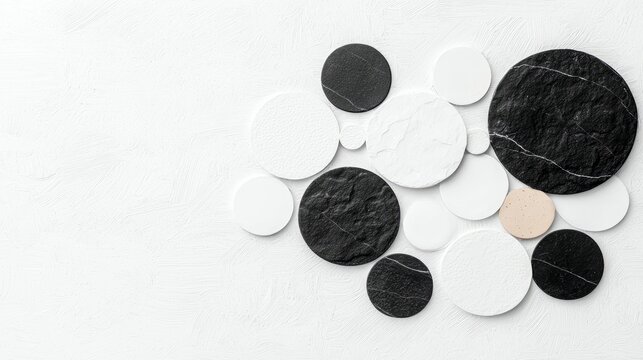 An abstract composition featuring a collection of black, white, and beige circles arranged on a textured white surface. The circles vary in size and texture, cr