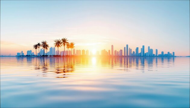 A beautiful sunset over a city skyline with palm trees reflected in the calm water. The image evokes a sense of peace and tranquility. - Powered by Adobe