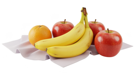 Fresh fruit assortment including apples bananas and an orange isolated on transparent background