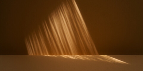 Empty table on brown background with natural shadows on the wall. Mock up for branding products, presentation, food and health care.	