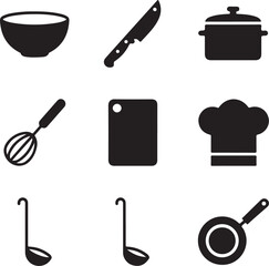 Obraz premium Collection of nine black silhouette kitchen utensil icons on a white background