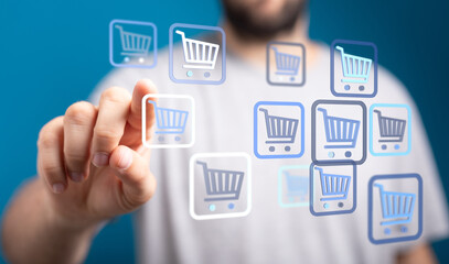 Person interacting with shopping cart icons representing online purchasing, e-commerce, and digital transactions. Concept of online retail, buyi