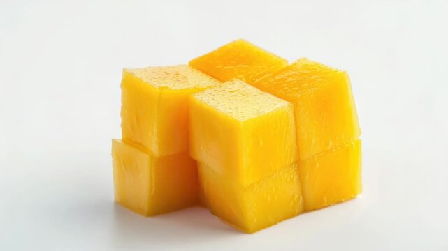 A pile of cube-shaped cheese on a clean white background, suitable for food-related uses
