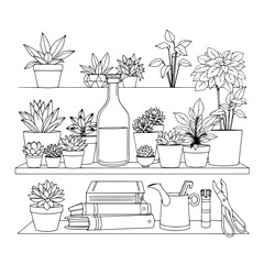A meticulously drawn line-art illustration of a refined indoor plant display shelf adorned with an assortment of succulents in small terracotta pots, lush leafy plants in wooden planters, a clear glas
