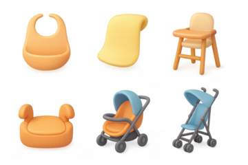 Baby gear icons collection for design: stroller, high chair, bib, car seat, towel